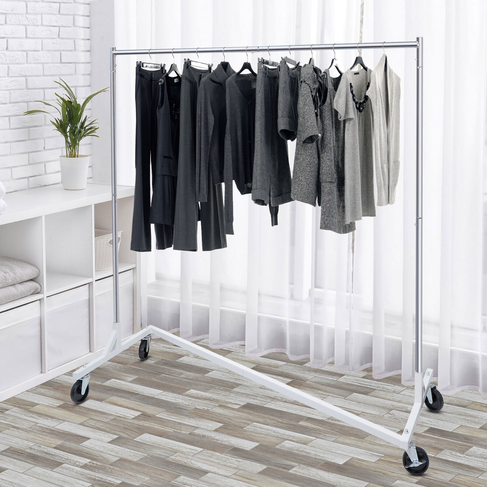 Heavy Duty Steel Clothes Rack Rolling Garment Z Clothing Rack W/Lockable Casters