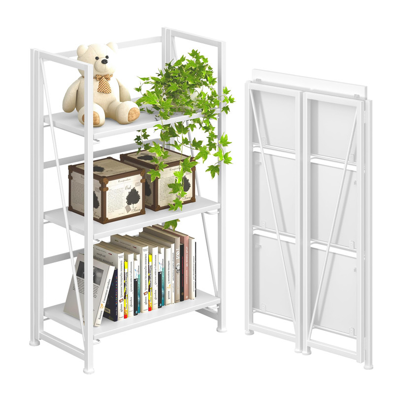 4Nm No Assembly Folding Bookshelf Storage Shelves 3 Tiers Vintage Bookcase