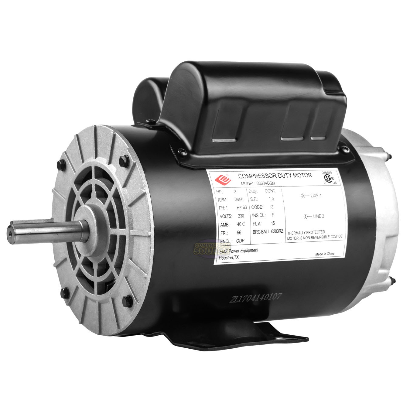 3 HP 3450 RPM Electric Motor Compressor Duty 56 Frame 1 Phase 5/8″ Shaft 230 V