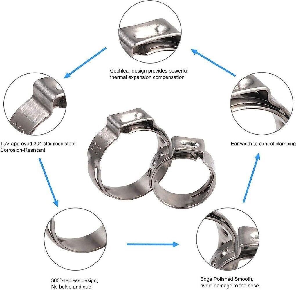 130/260PCS Stainless Steel Single Ear Stepless Hose Clamps 6.5-21mm Kit or Plier