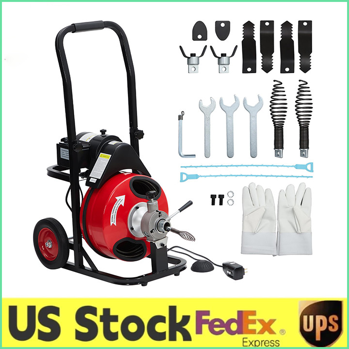75FT x 1/2″ Cable Electric Drain Cleaner Machine 250W Motor 8 Multi-Style Cutter