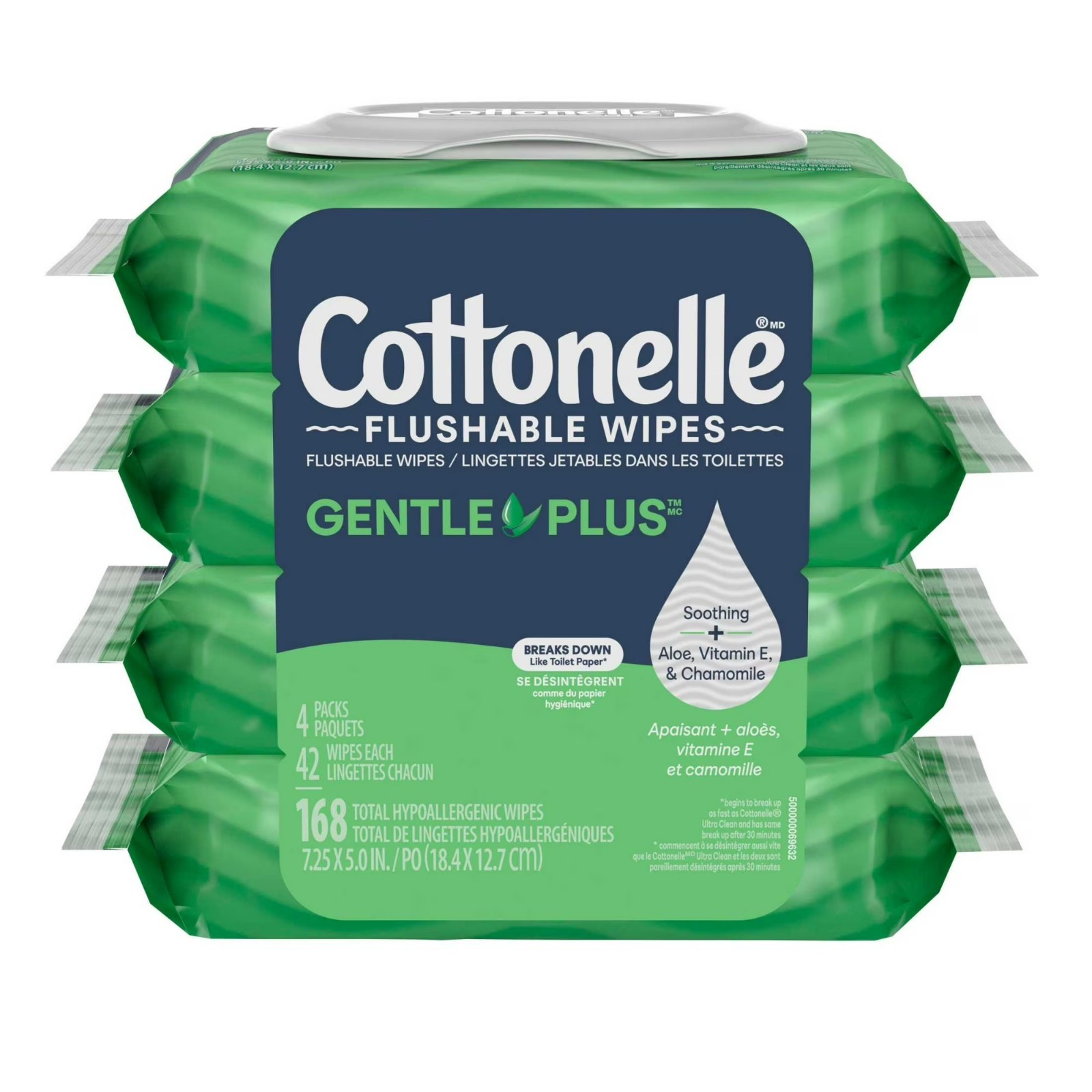 Cottonelle GentlePlus Flushable Wipes, 4 Flip-Top Packs, 42 Wipes per Pack