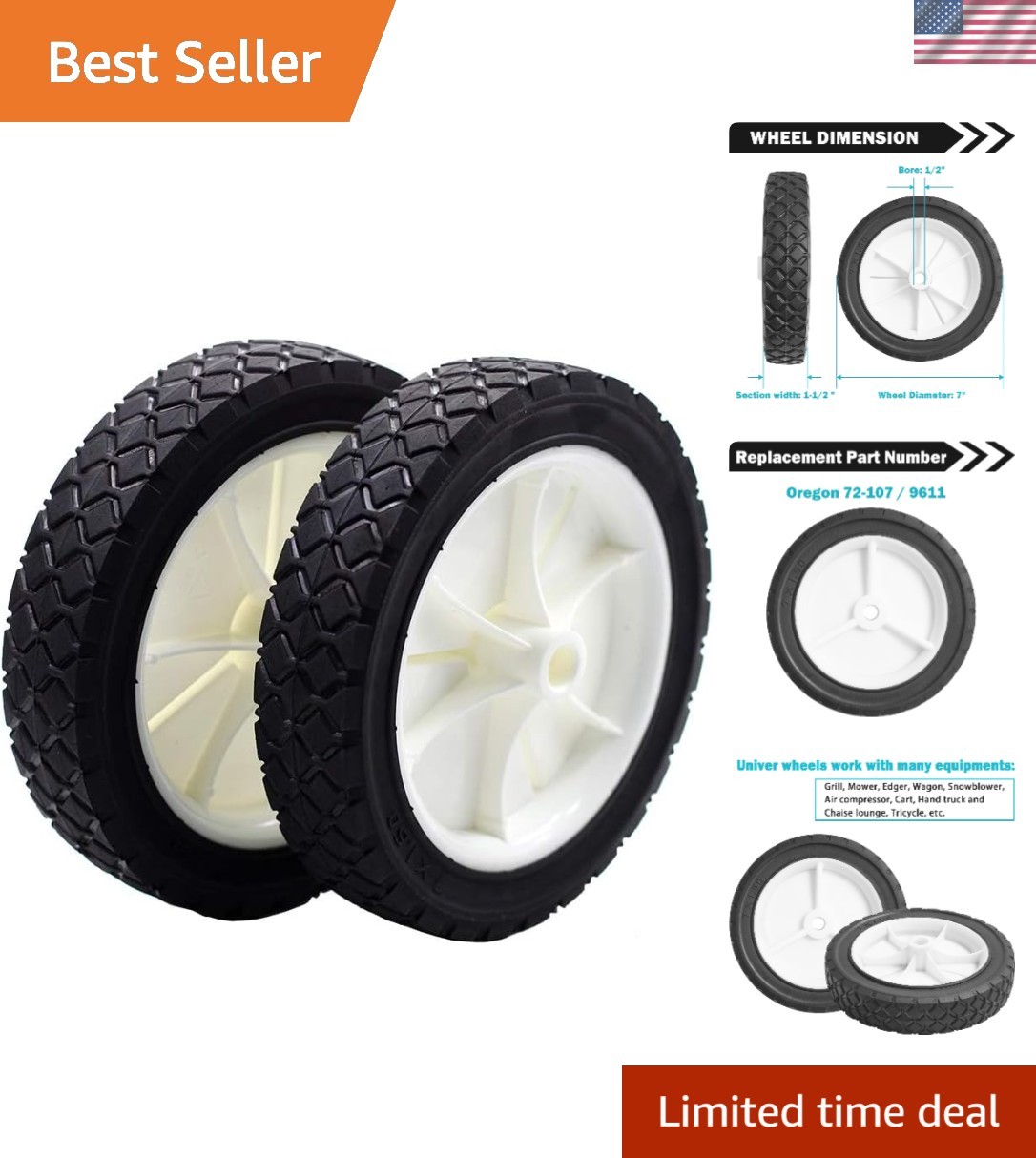 Effortless 7-Inch Wheel Upgrade for Lawnmowers & Utility Carts – Set of 2