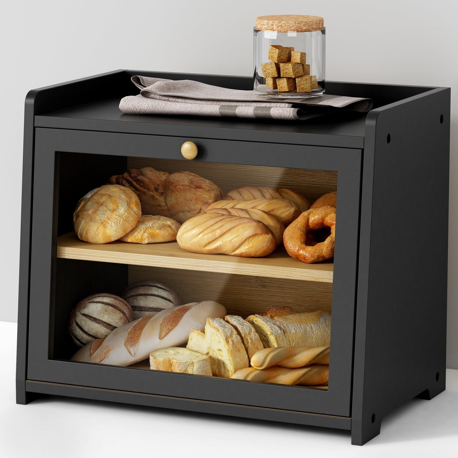 Goozii Black Bread Box for Kitchen Countertop, Large Bread Storage Container for