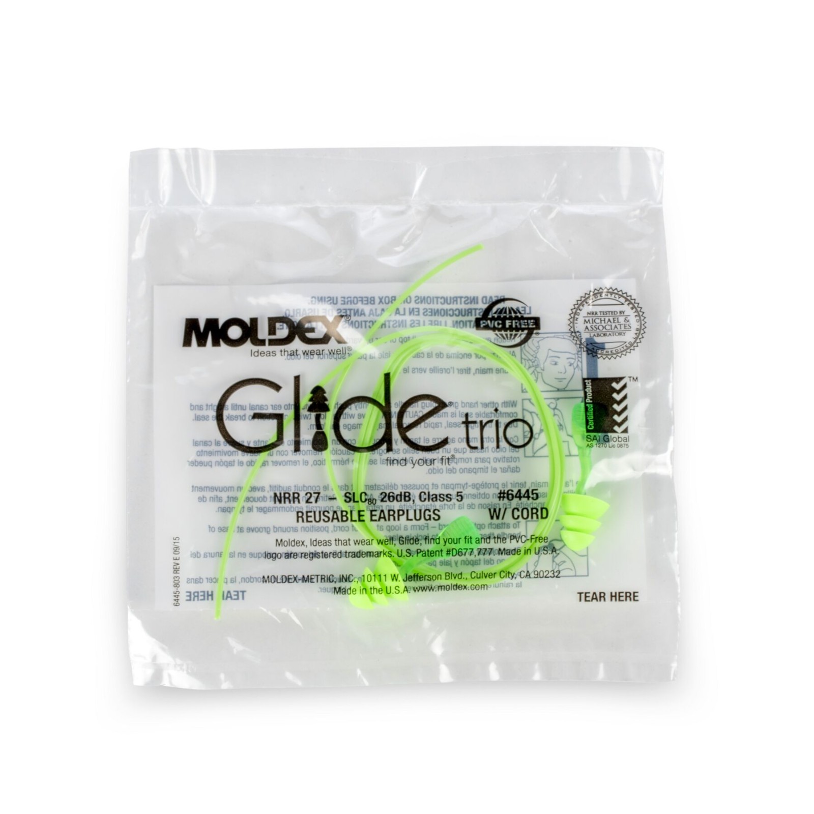 Moldex Glide Trio Corded Reusable Twist & Push-In Earplug 6445, NRR 27dB (50/Pr)