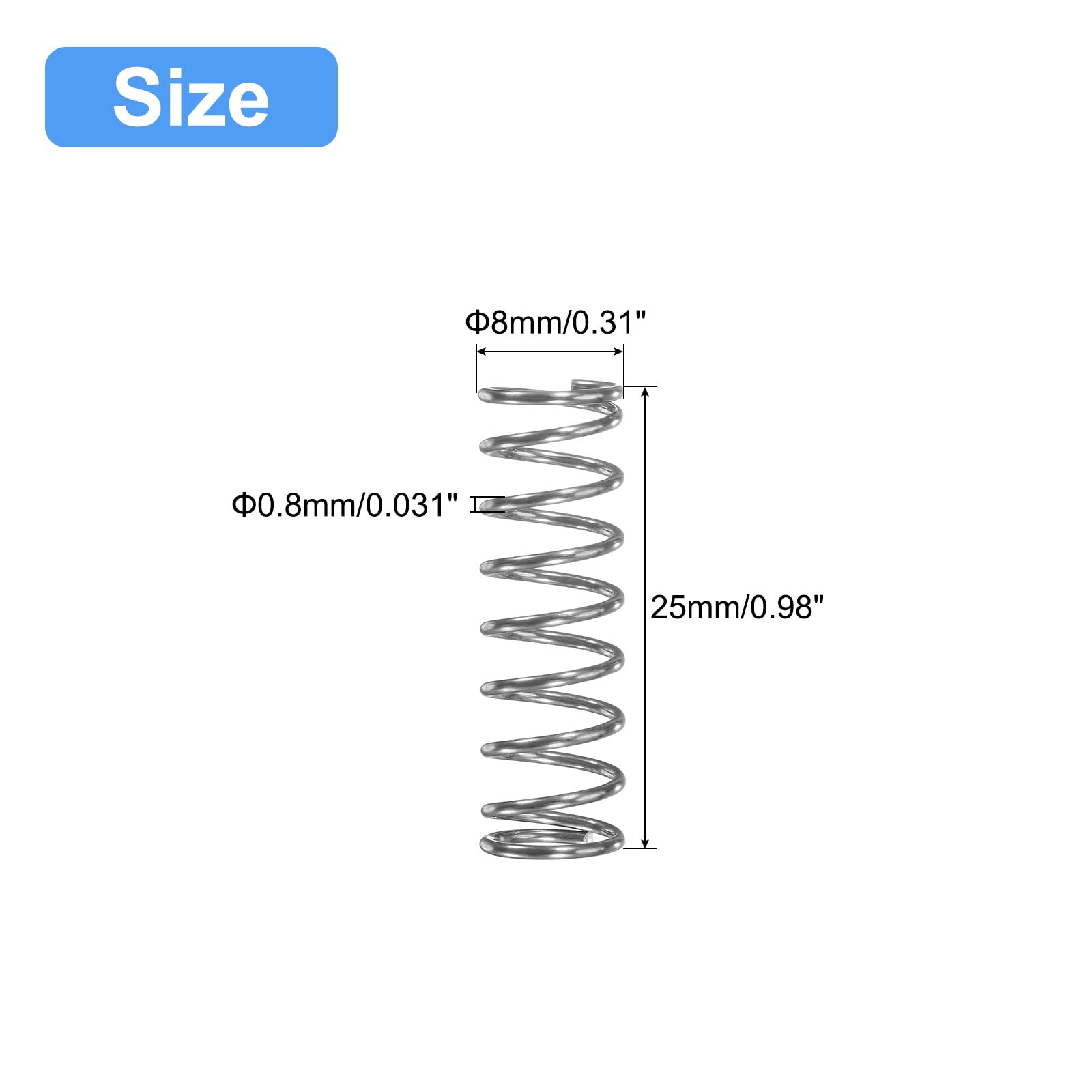 uxcell Compression Spring, 5Pcs 304 Stainless Steel, 8×0.8x25mm, Silver Tone