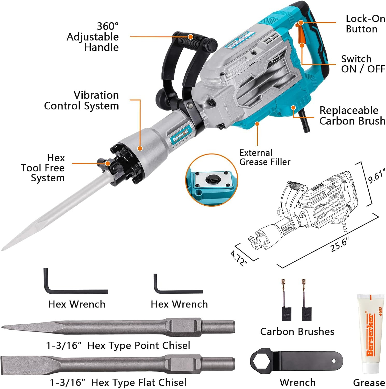 1700W 30-Pound Demolition Jack Hammer 65F with 1-3/16″ Hex,14Amp | Heavy Duty Co