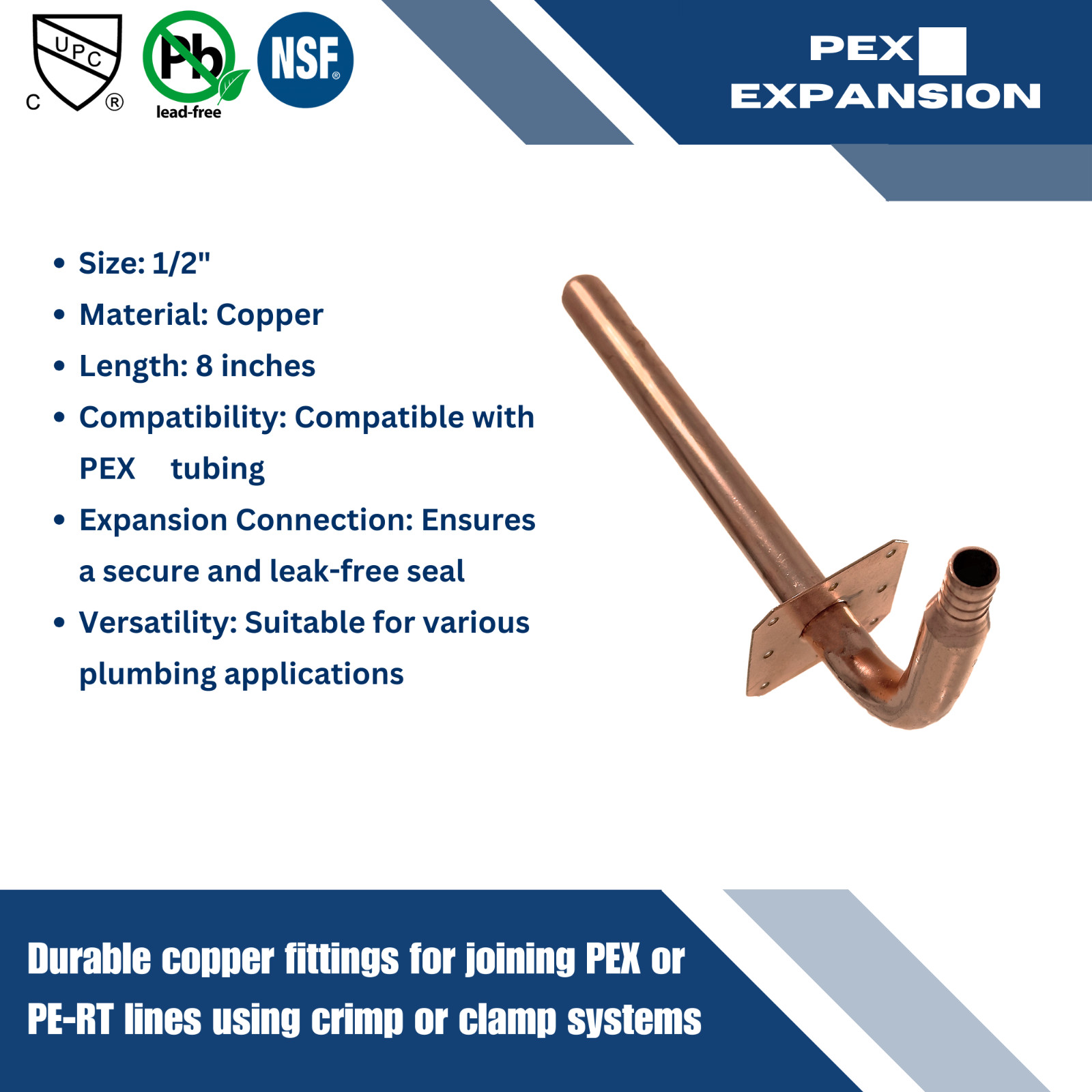 25) COPPER STUB OUT ELBOW FOR 1/2″ PEX TUBING WITH EAR / NAIL FLANGE 3 1/2″ X 8″