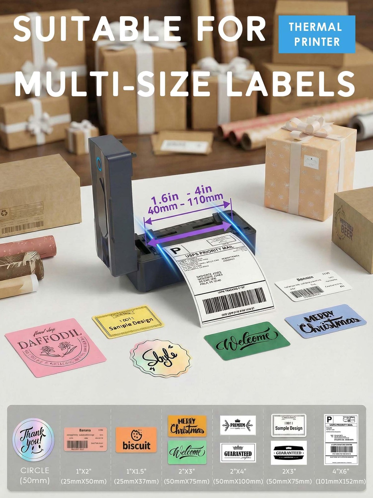 Forc Bluetooth Thermal Shipping Label Printer, 7.09*3.07*2.95 inches, Black