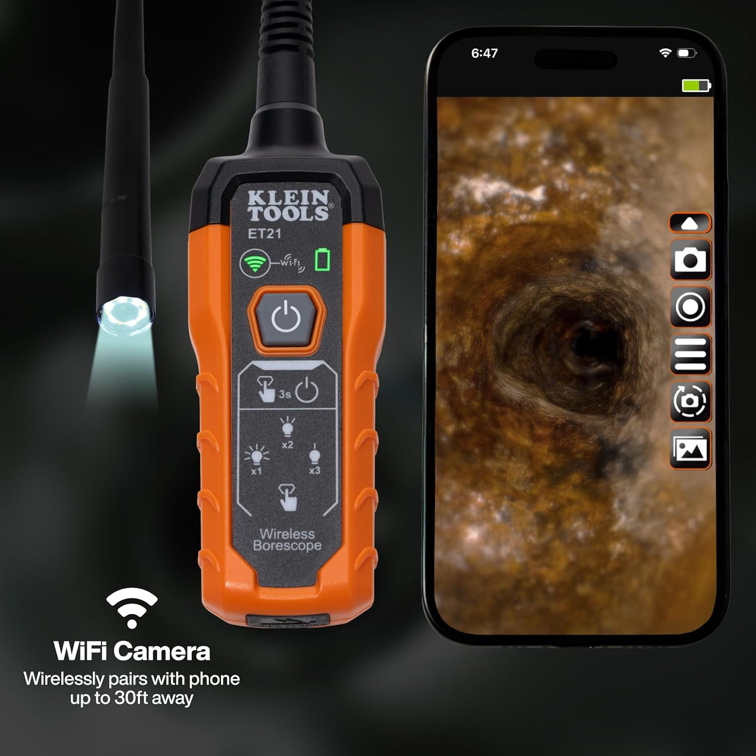 ET21 Wifi Borescope with Light, Inspection Camera for Iphone and Android, Waterp