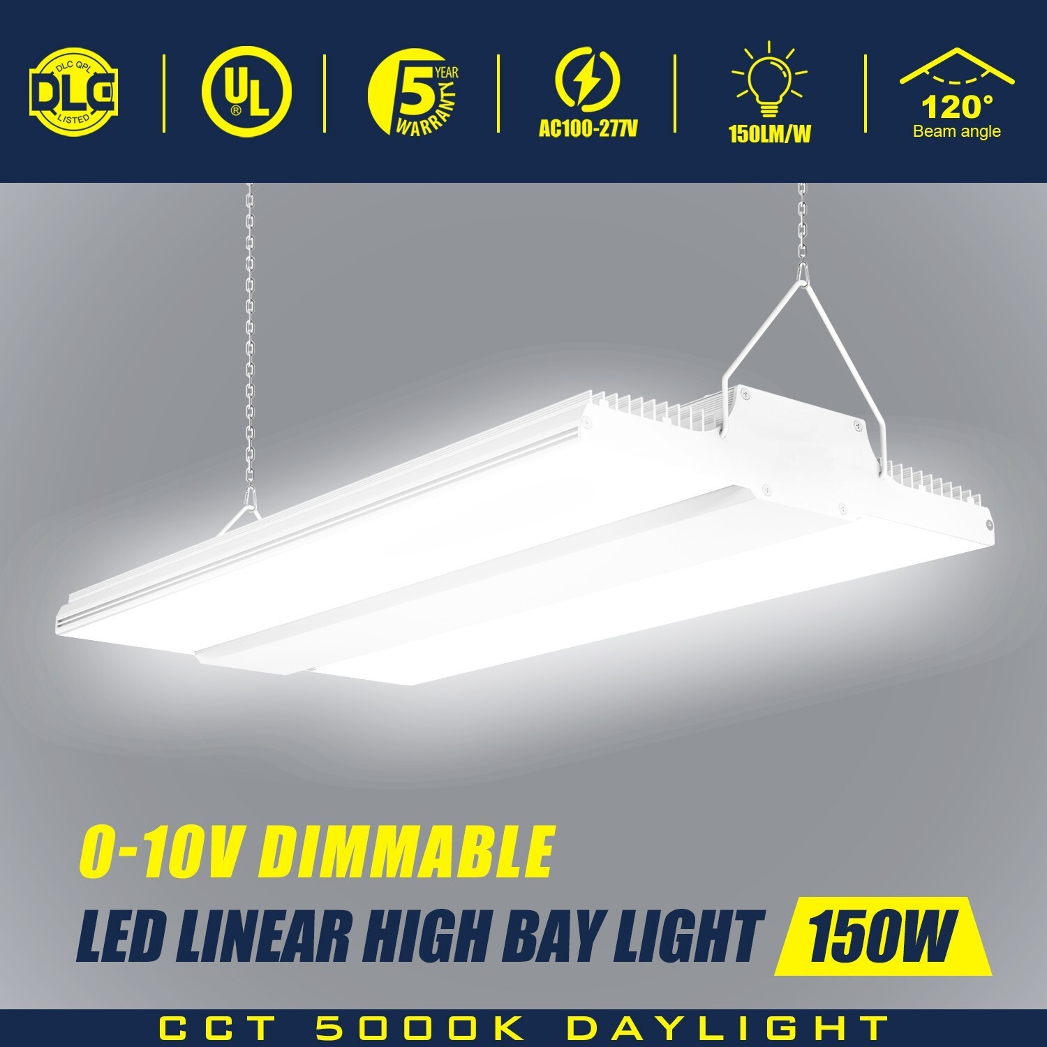 150W LED Linear High Bay Light 22,500LM Commercial Shop Lighting Fixtures 5000K