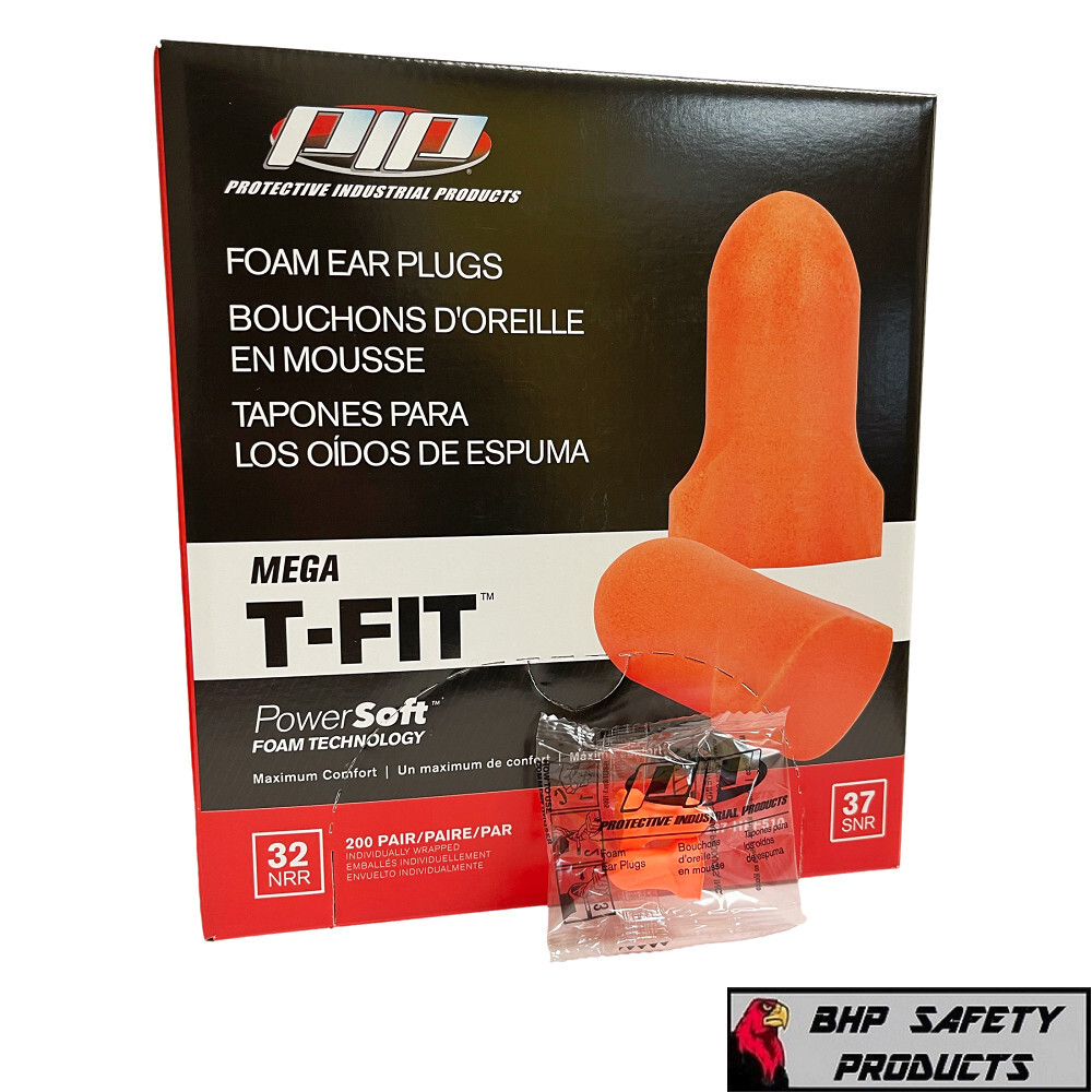 PIP Mega T-Fit Disposable Poly Foam Ear Plugs NRR 32 Uncorded 200 Pairs per Box