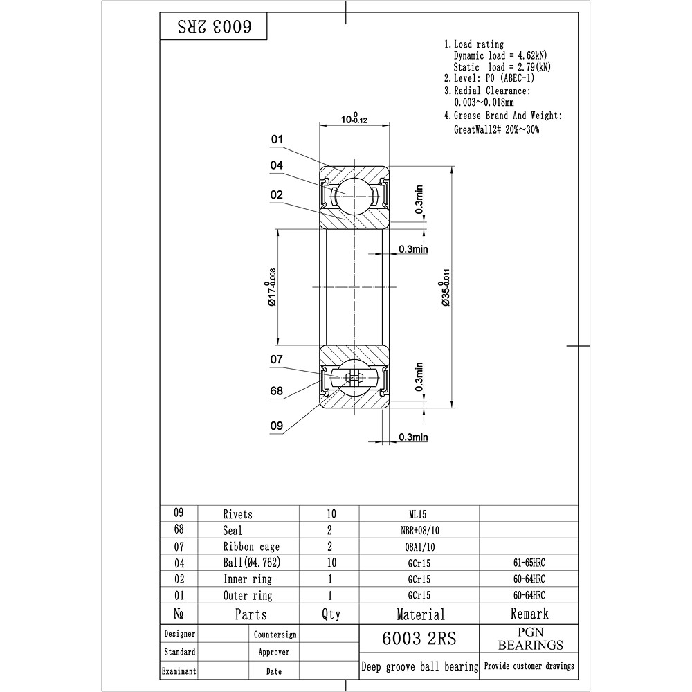 6003-2RS Premium Rubber Seal Ball Bearing C3 EMQ, 17x35x10, 6003 2RS 6003rs