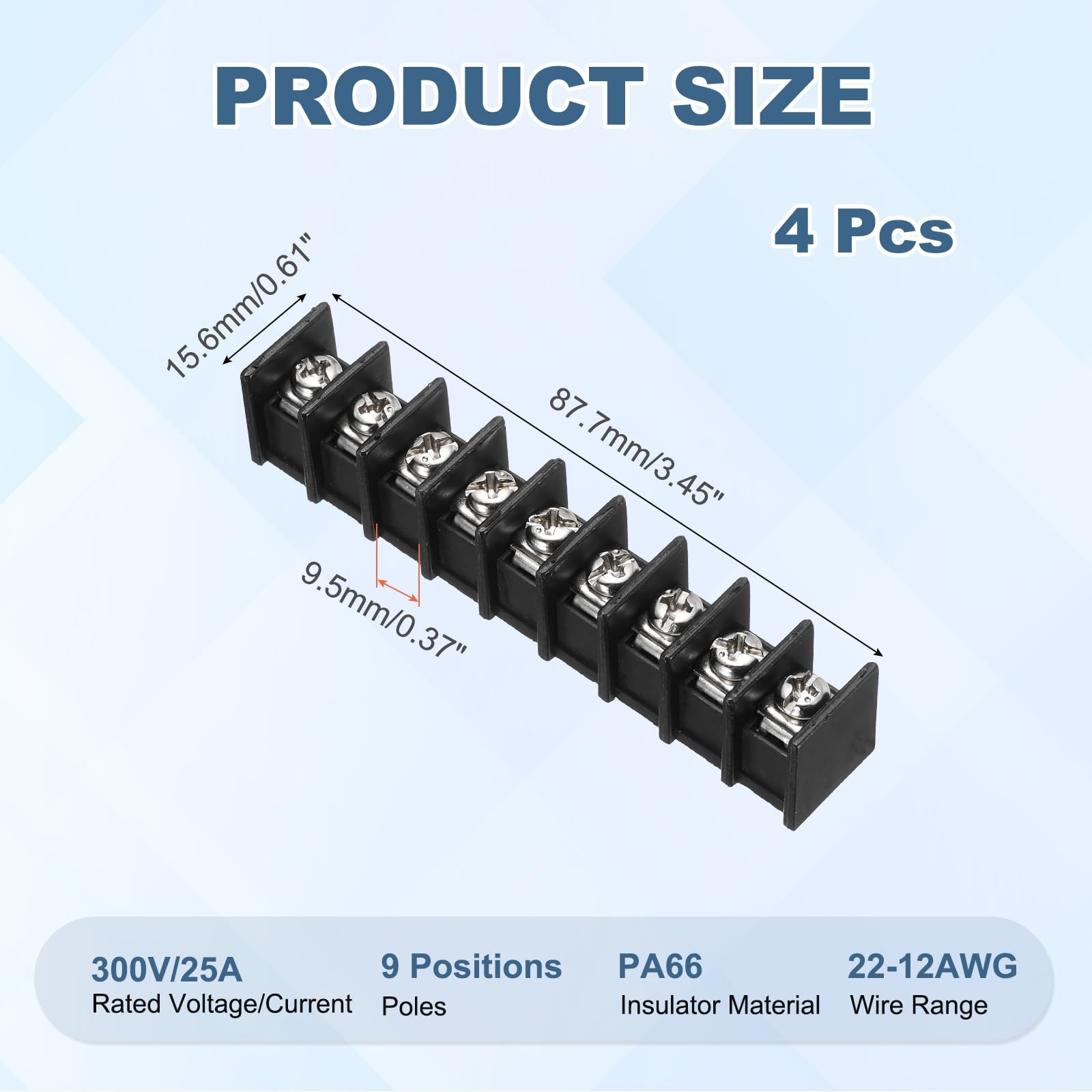 4 PCS 9 Positions Terminal Block 300V 25A PA66 Single Row PCB Black