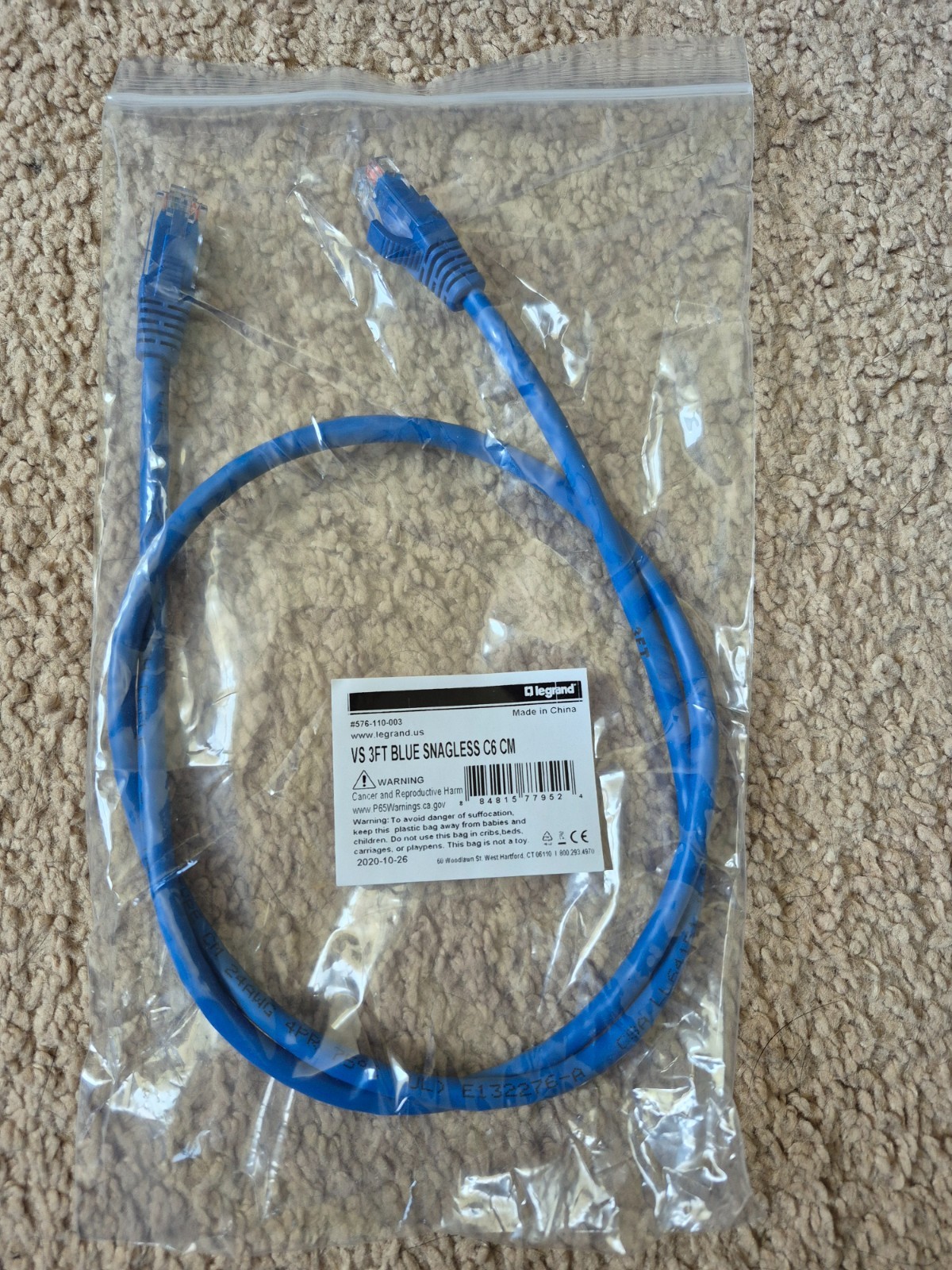 Legrand Cat6 Snagless Patch Cable, 3ft, RJ45, Blue, Ethernet, 576-110-003!