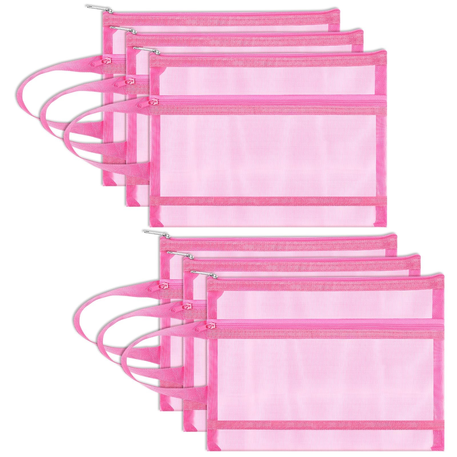 6 PCS Mesh Zipper Pouch Bags Double Layer Nylon Handle Travel Office Pink A5