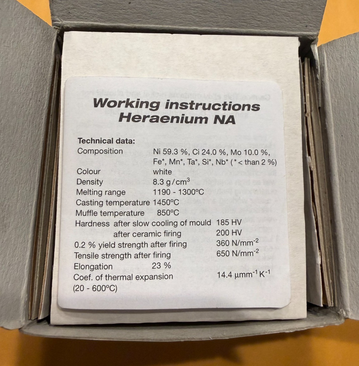 KULZER HERAENIUM NA – for C&B Nickel Chrome alloy 1 Kg. Germany