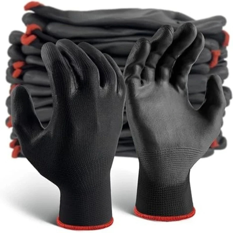 Black Work Gloves Polyurethane Palm Coated Nylon Shell 12 Pairs