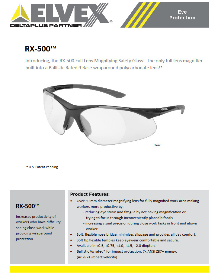 Elvex RX-500C Full Lens Reader Safety Glass with Neck Cord and Microfiber Bag