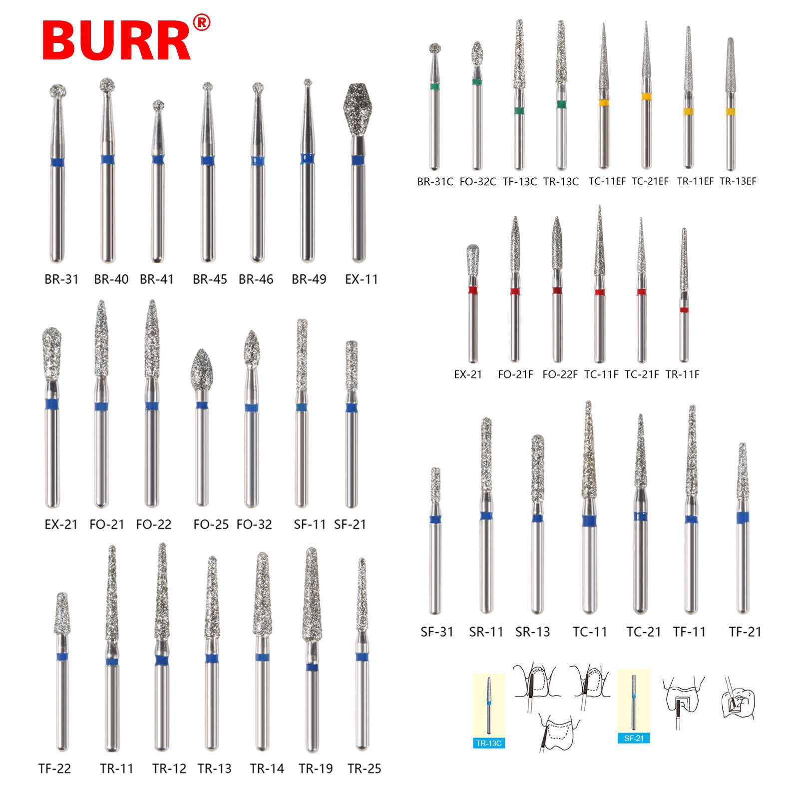100pcs Dental Diamond Burs Drill FG1.6mm For High Speed Handpiece 100 TYPES