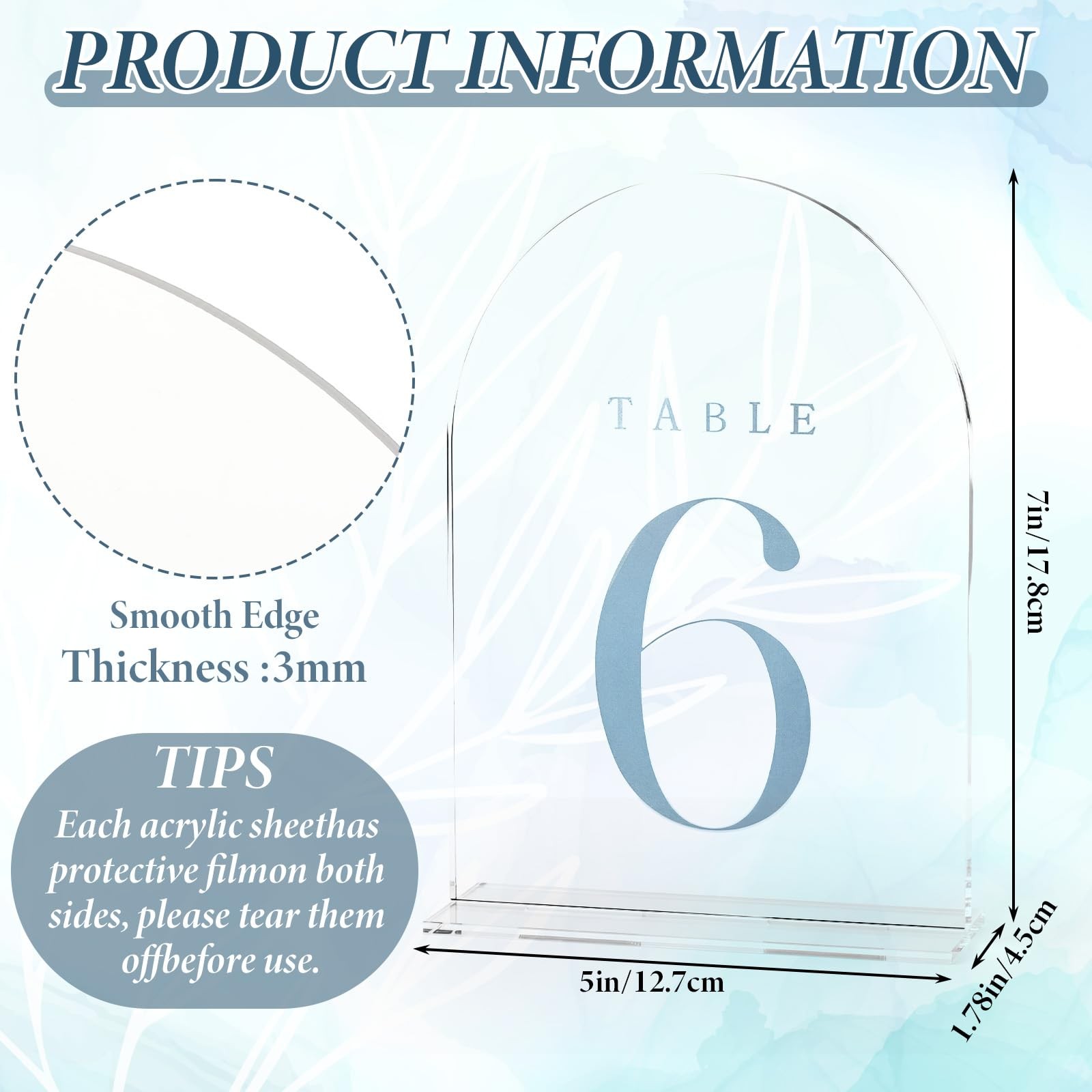 15 PCS 5×7 Inch Dusty Blue Frosted Arch Wedding Table Numbers 115 Stands