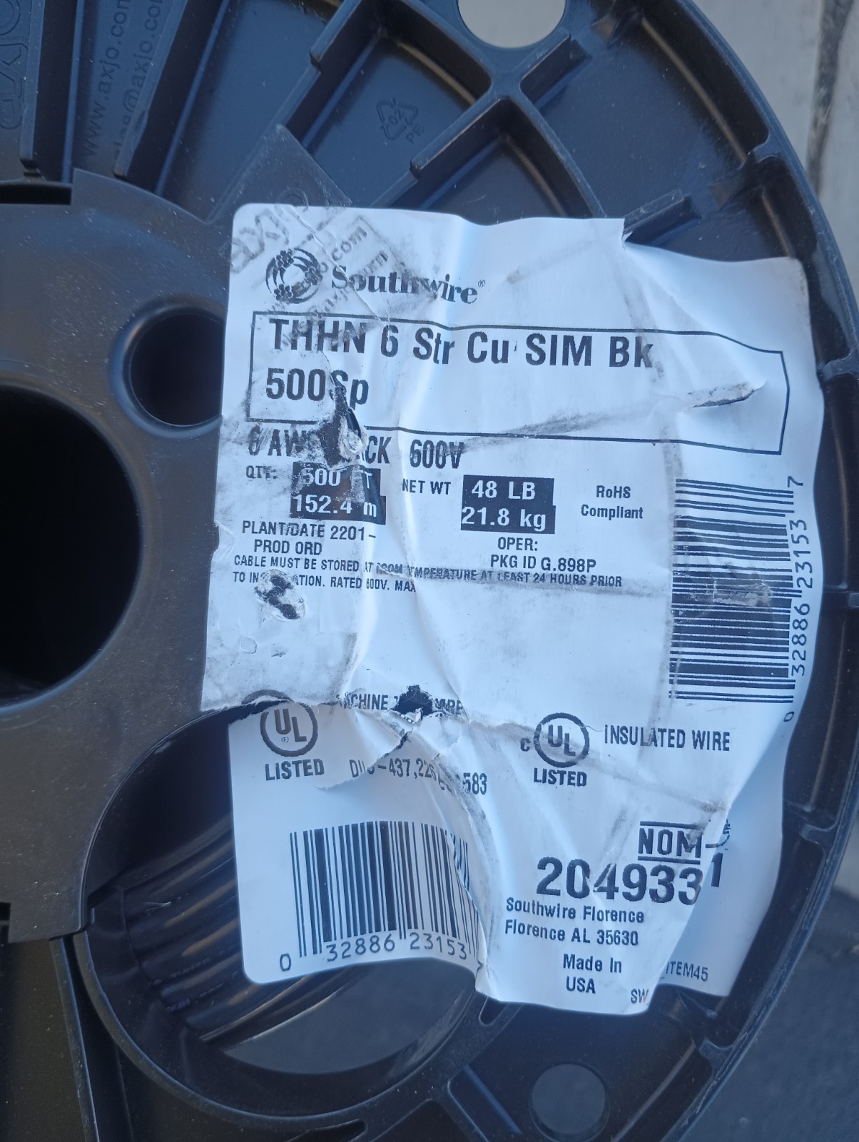SOUTHWIRE 20493301 Building Wire, 6AWG, THHN, Str,Blk,500ft