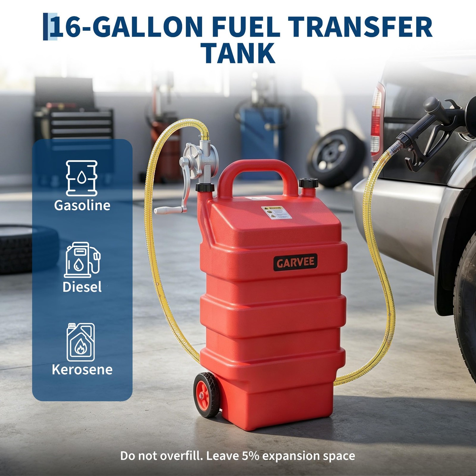 16 Gallon 60L Fuel Caddy Portable Gas Storage Tank with Manual Pump & Hose, Red