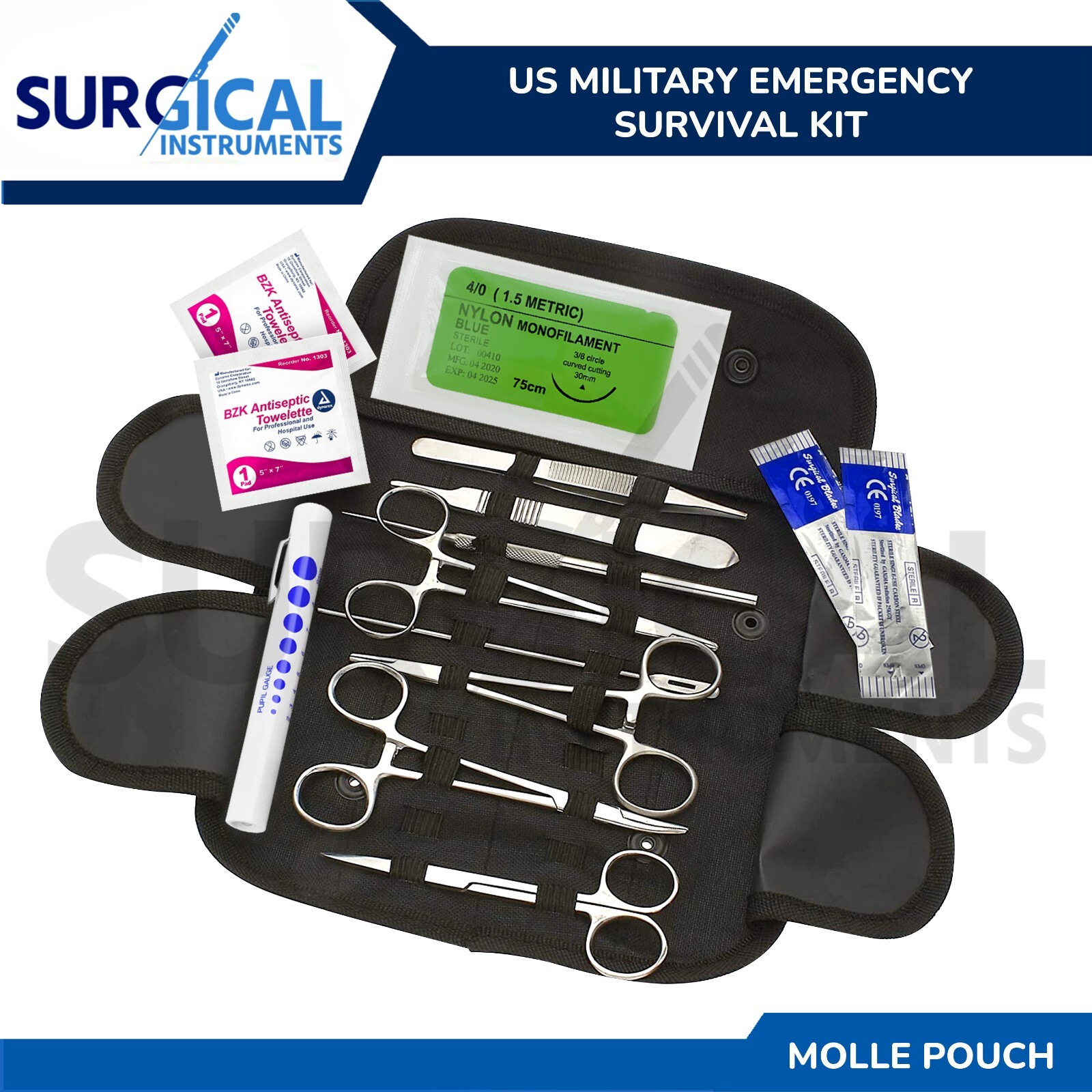20 pc Tactical OD Black First Aid Surgical Kit Military Molle Pouch Complete Set