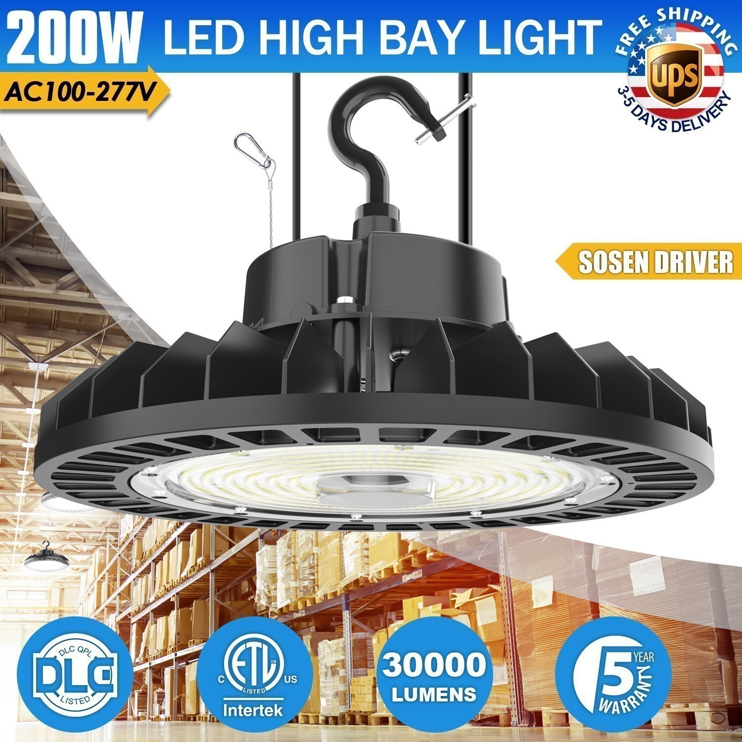 Sosen Driver 200W UFO LED High Bay Light Dimmable Commercial Fixture UL List