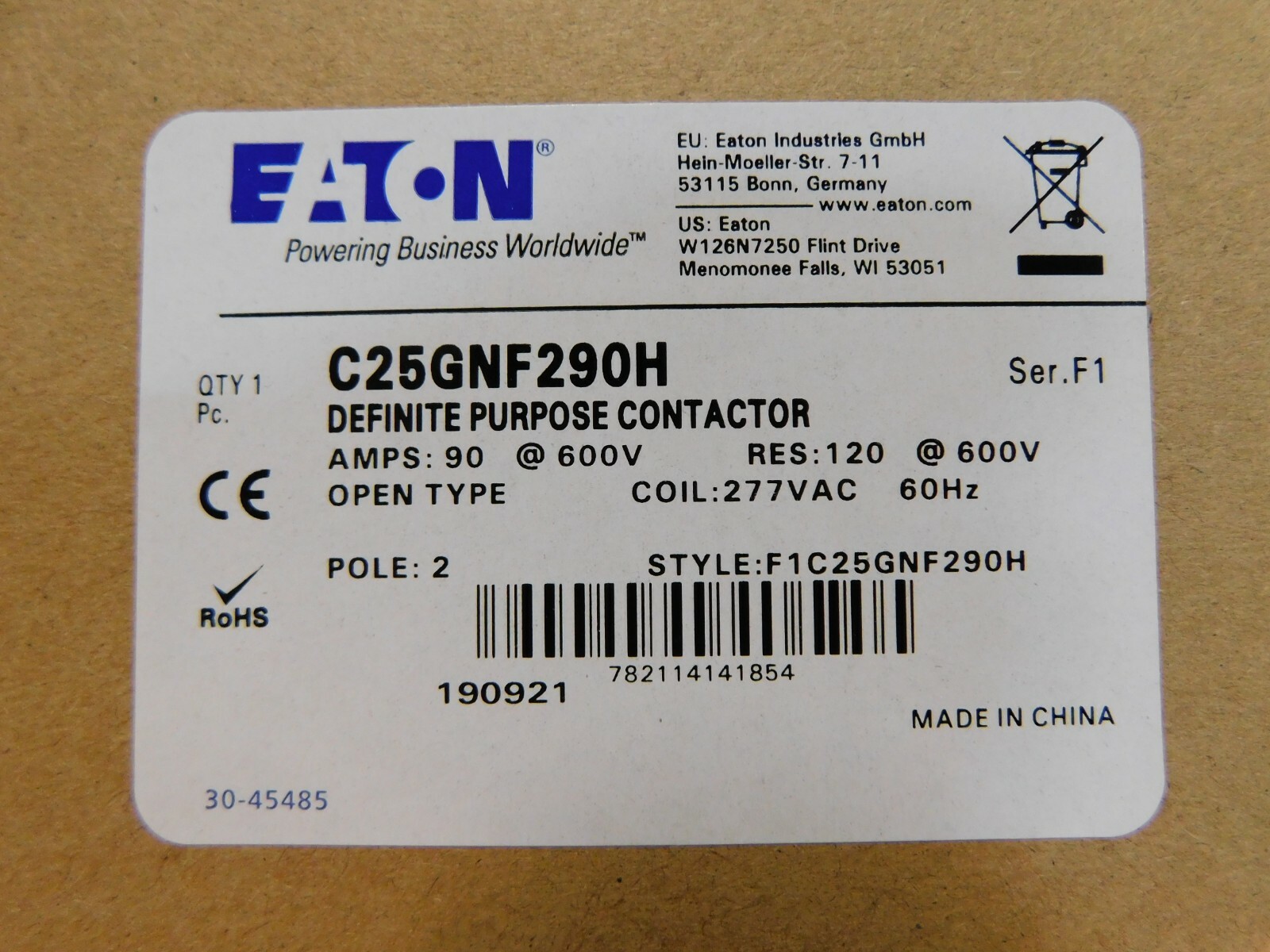 NEW EATON C25GNF290H DEFINITE PURPOSE CONTACTOR 90 AMP 600 VOLT 277V Coil 2 Pole