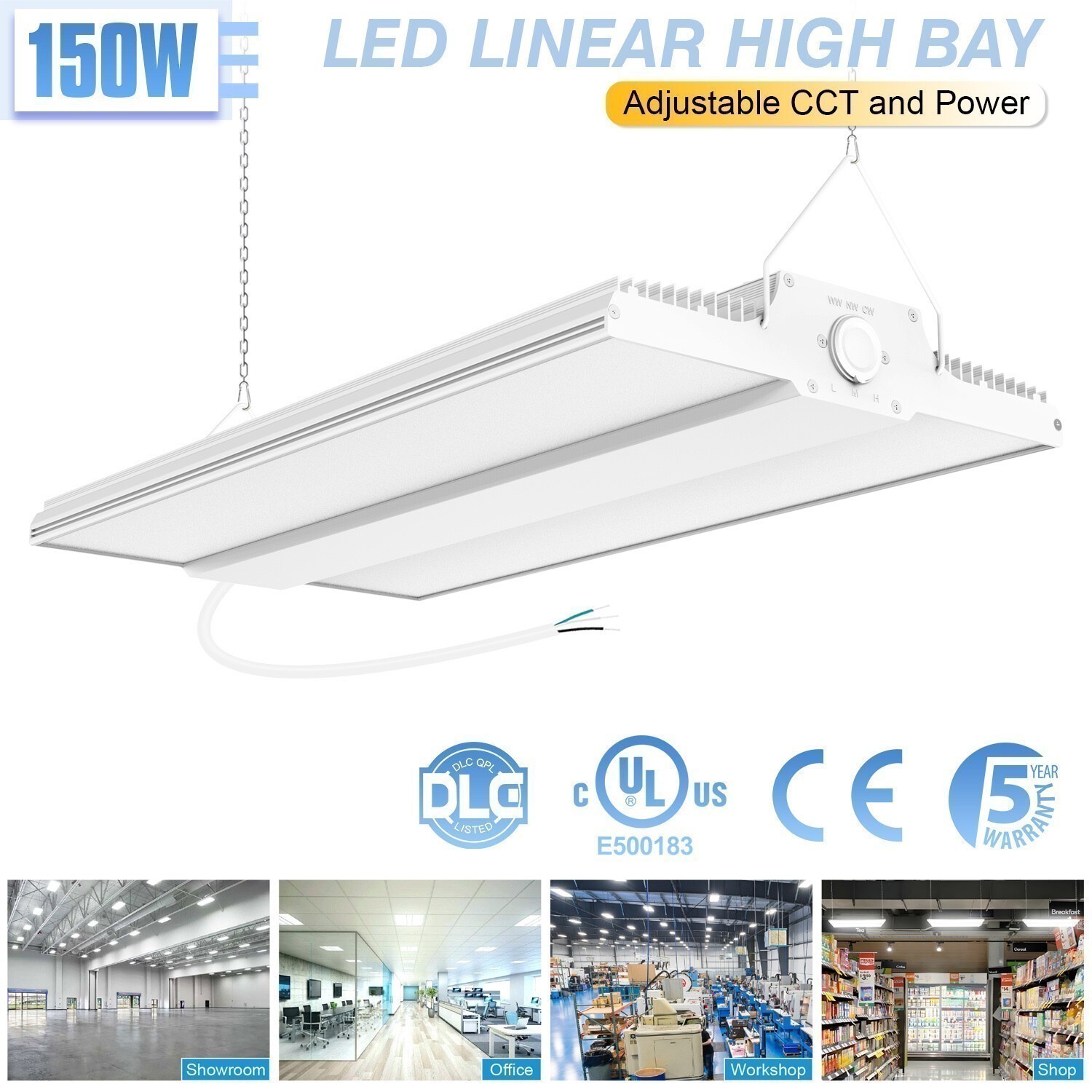 150Watt LED Linear High Bay Shop Light Commercial Fixture Adjustable CCT 150LM/W