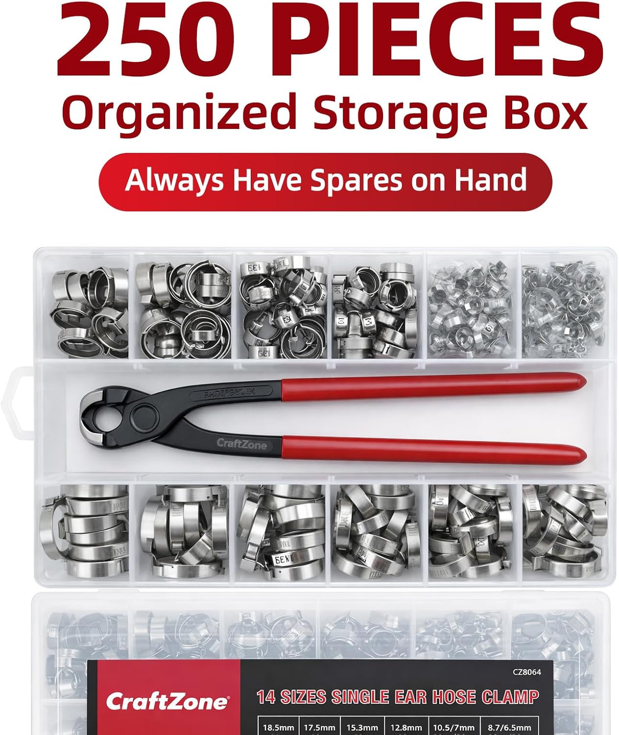 250PCS Single Ear Hose Clamp Kit with Storage Box & Ear Clamp Pliers, Stepless A