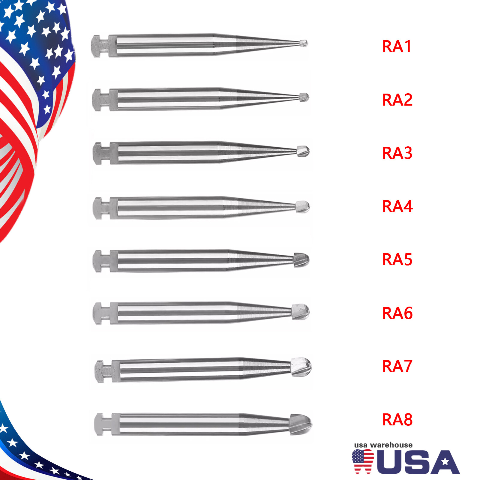 8 Types Dental Round Carbide Bur for Slow Speed Latch Type RA 1 – RA 8 Burs ty