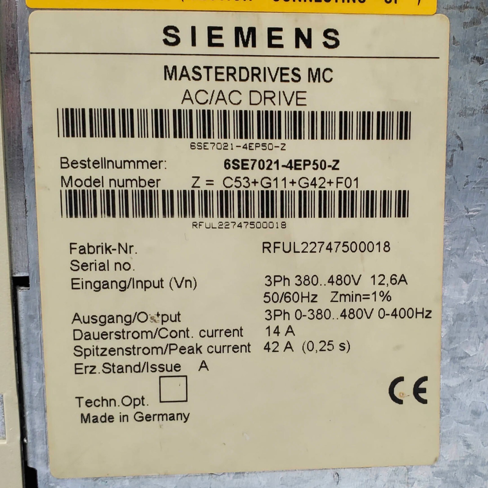 Siemens 6SE7021-4EP50-Z MasterDrive MC Drive 3Ph 480V 14A