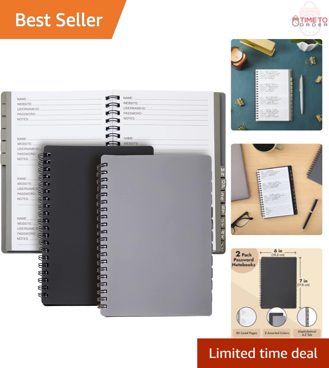 Password Book with Tabs 5×7 in 2-Pack Gray Black 80 Pages Spiral-Bound