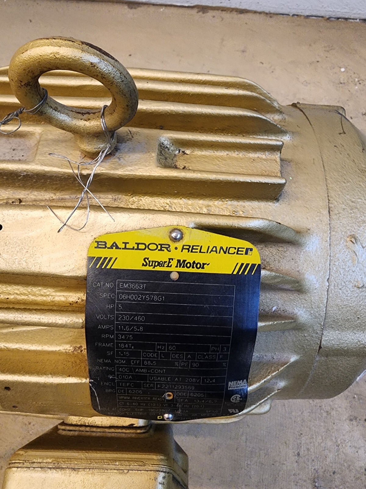 Baldor Reliance Phase General Purpose Motor 5 HP 184T Frame 208-230/460V EM3663T