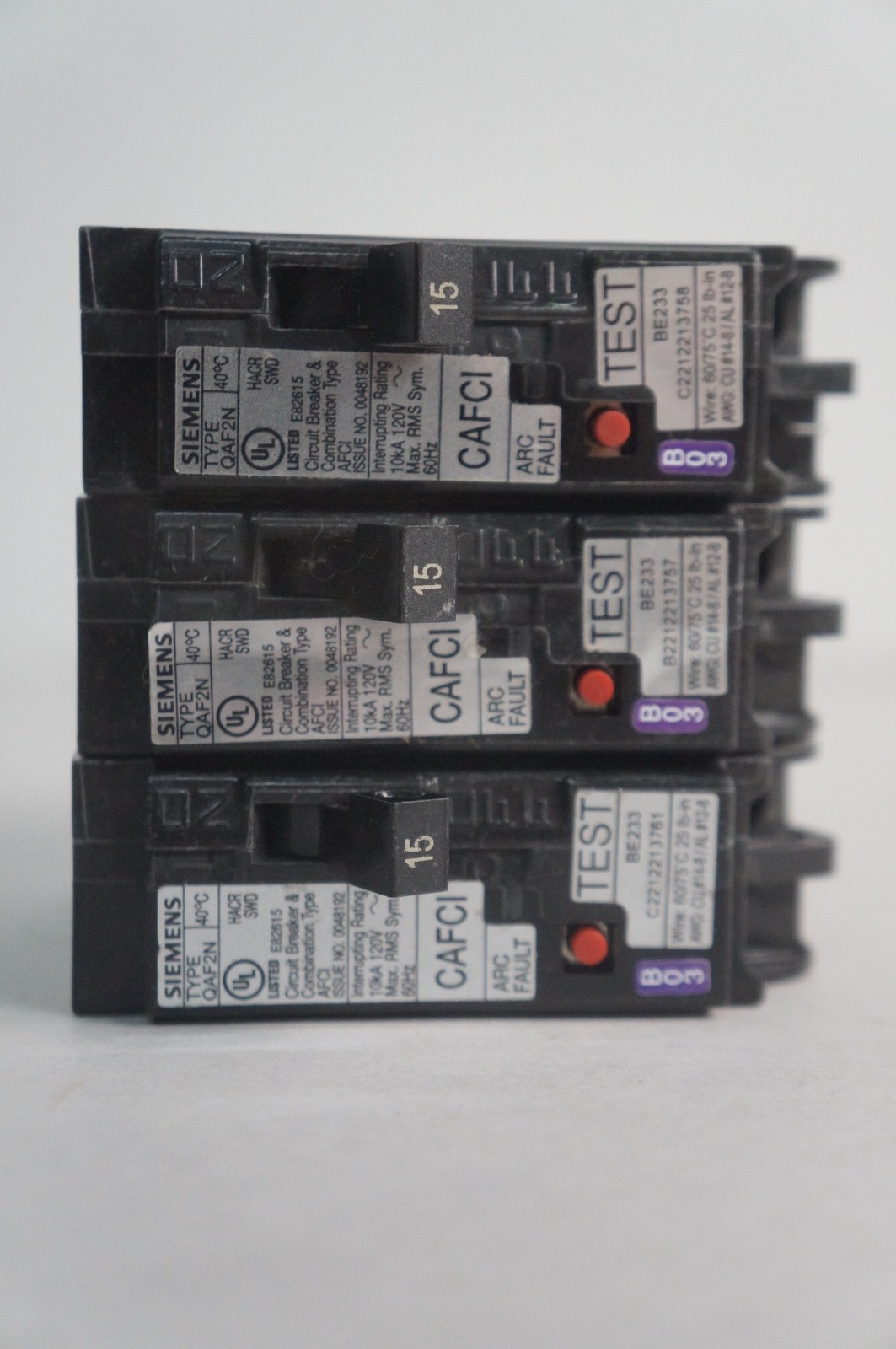 3-PCS Siemens QA115AFCN 15A AFCIPlug On Neutral Arc Fault