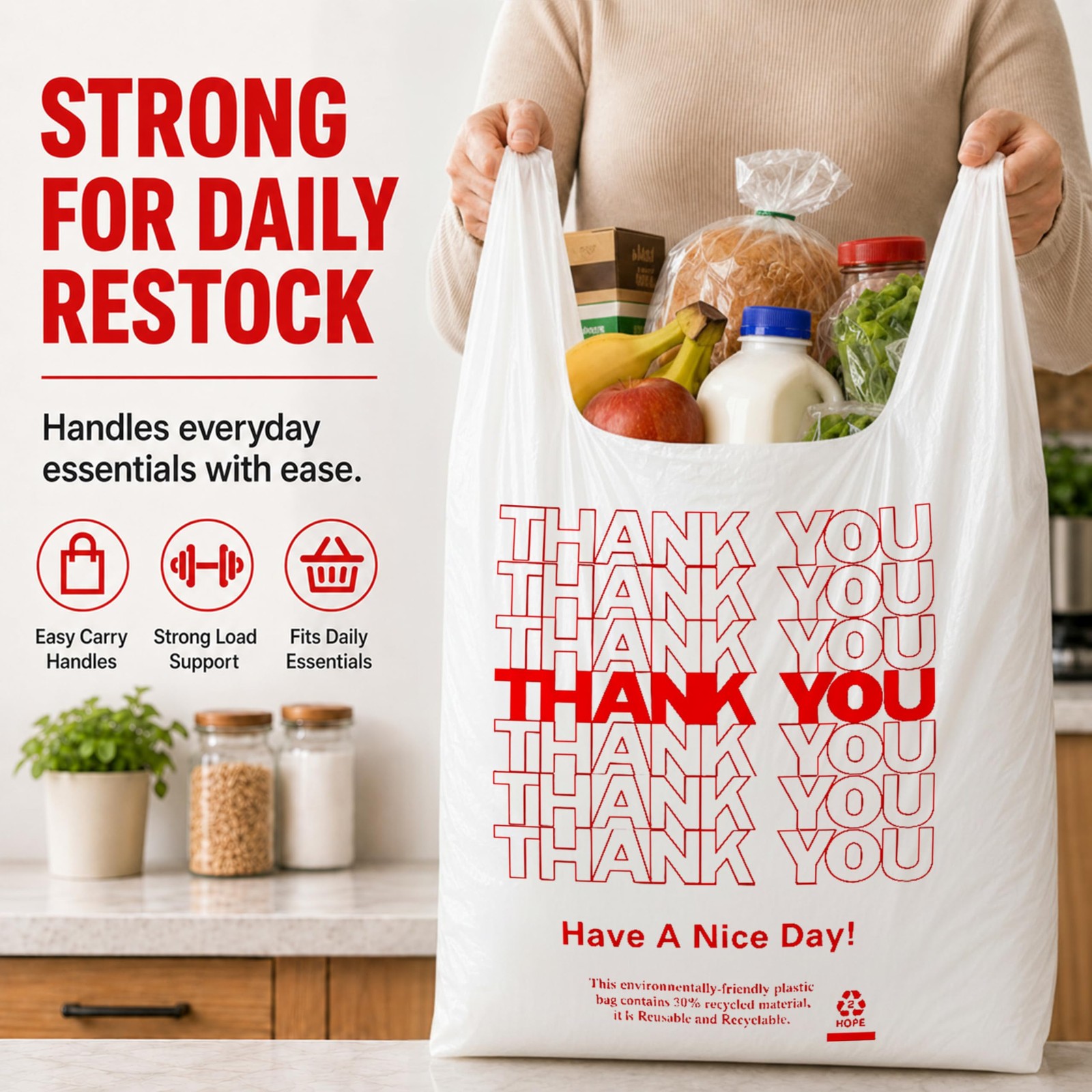 1000 Pack White Thank You T-Shirt Bags with Handles, 11″x6″x21″ Plastic Shopp…