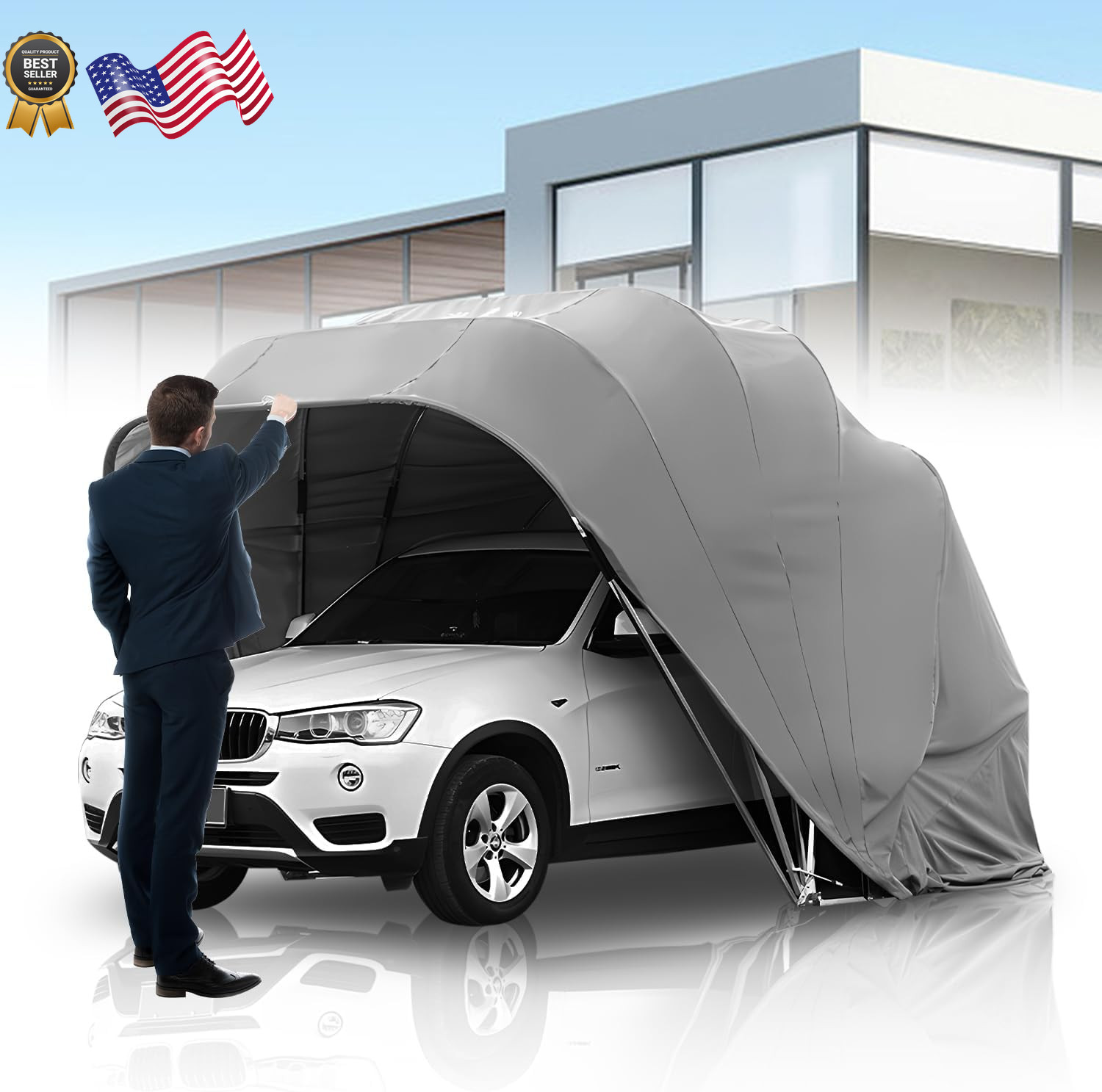 Heavy Duty Retractable Carport – Portable Lockable Car Shelter 8×8.2×7.5FT