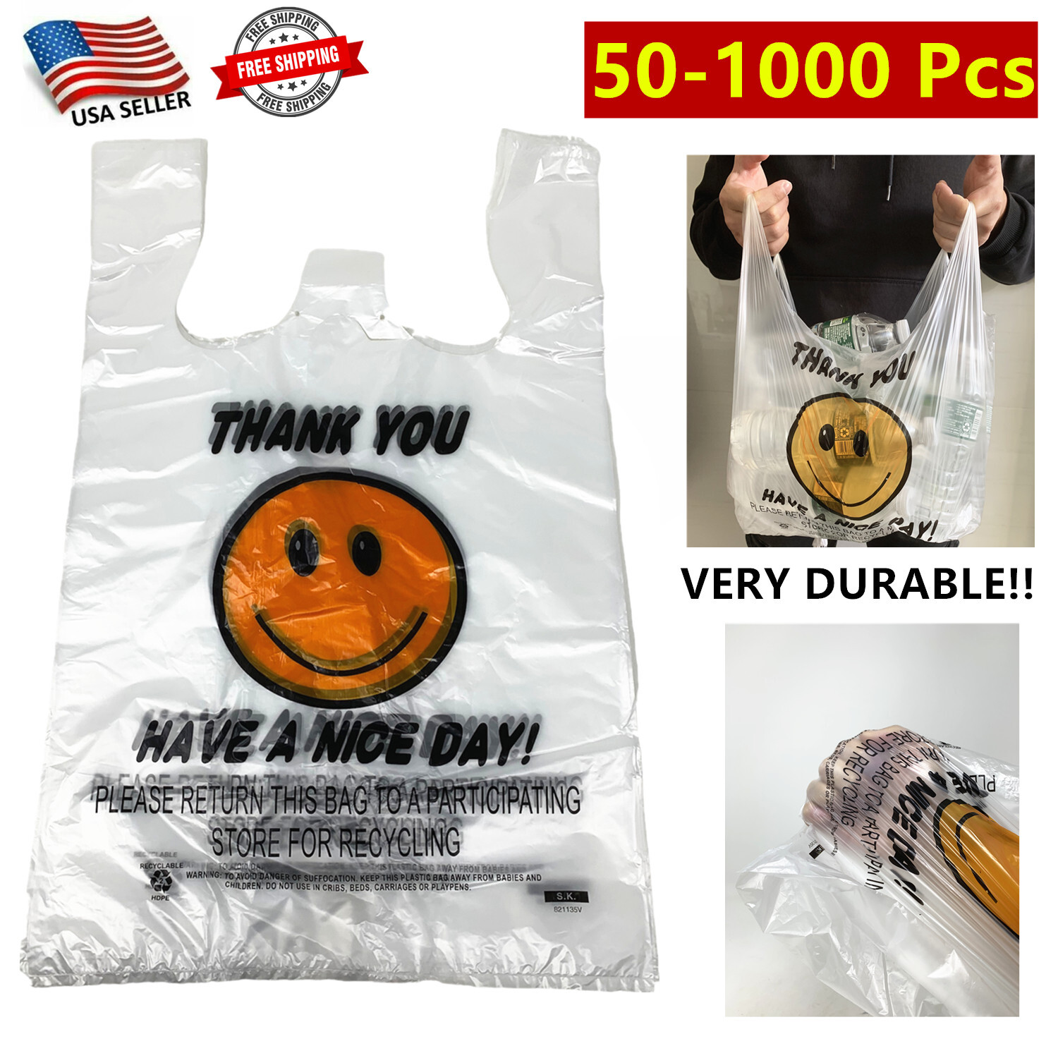 Heavy Duty Smiley T-Shirt Bag Thank You Plastic Carry Out Bags 11.5″x 6″x 17.5″