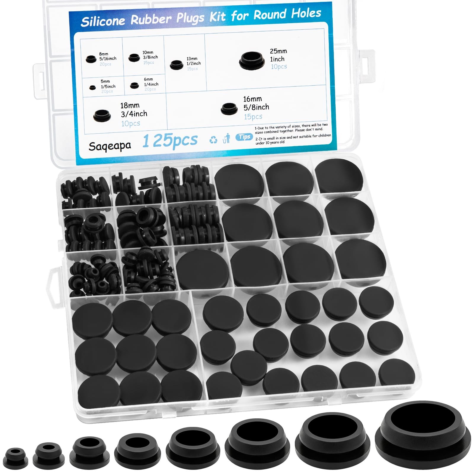 125PCS Rubber Plugs for Round Holes, Premium Black Rubber Hole Plugs, Various S