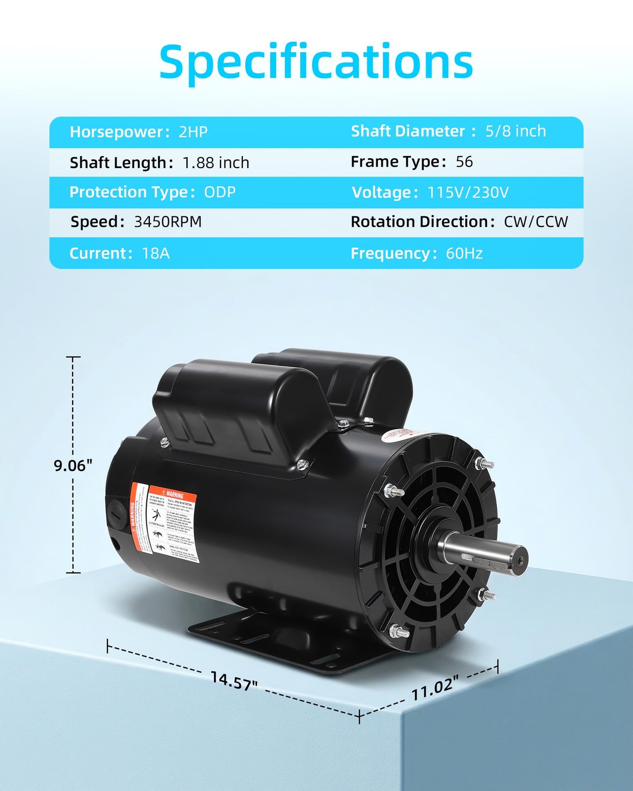 2HP SPL Air Compressor Electric Motor 17.6Amps 56 Frame 3450RPM 5/8″ Keyed Shaft