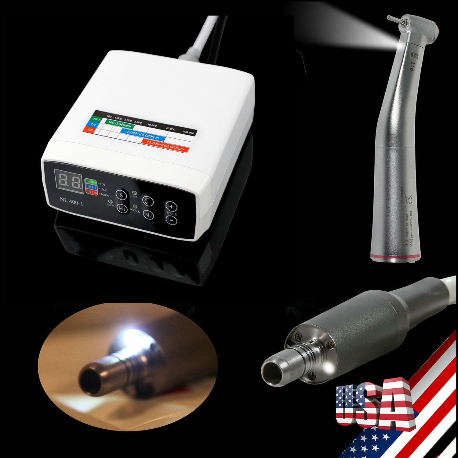 Internal Spray E-type Electric Motor +1:5 LED Fiber Optic Handpiece Contra Angle