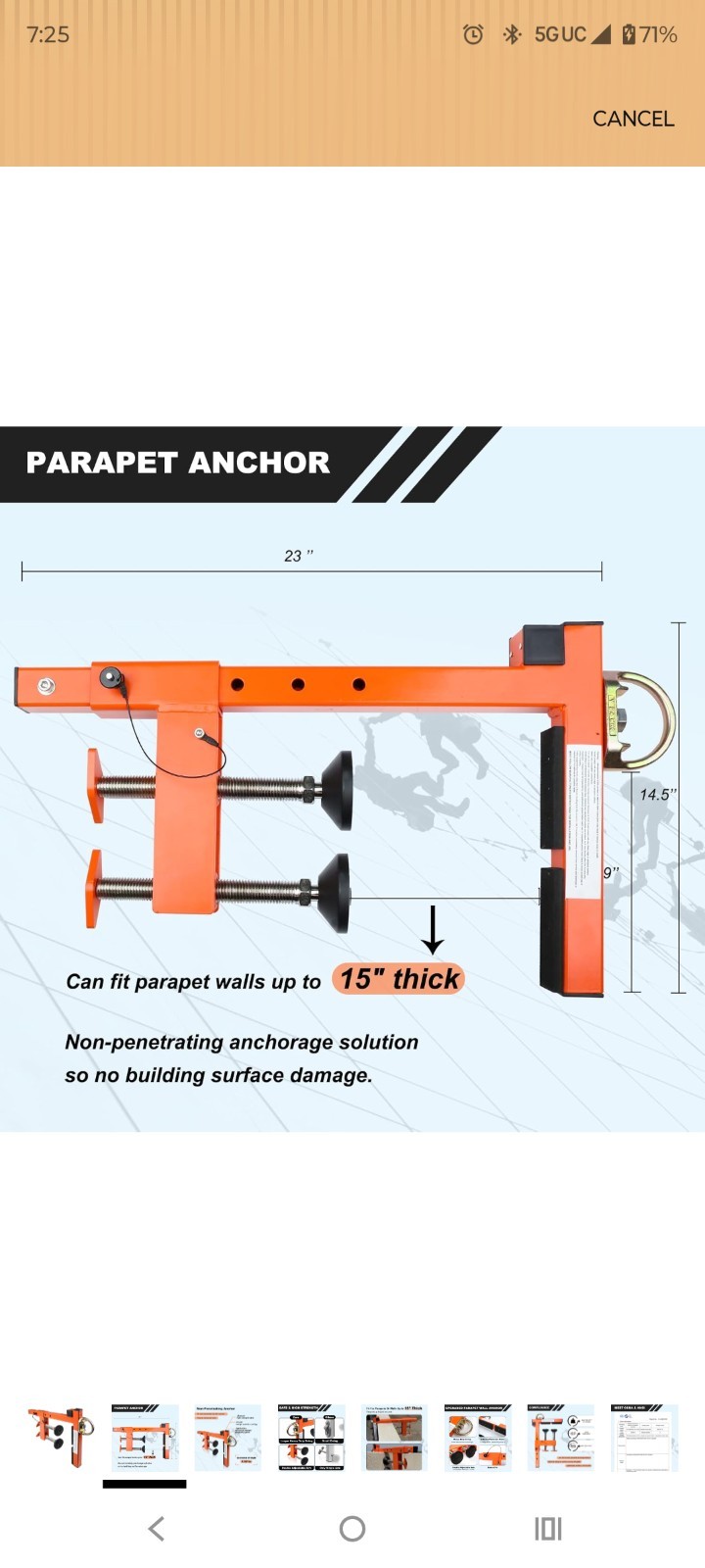 Fall Protection Non-Penetrating Parapet Anchor for Temporary,Fits Parapet Walls