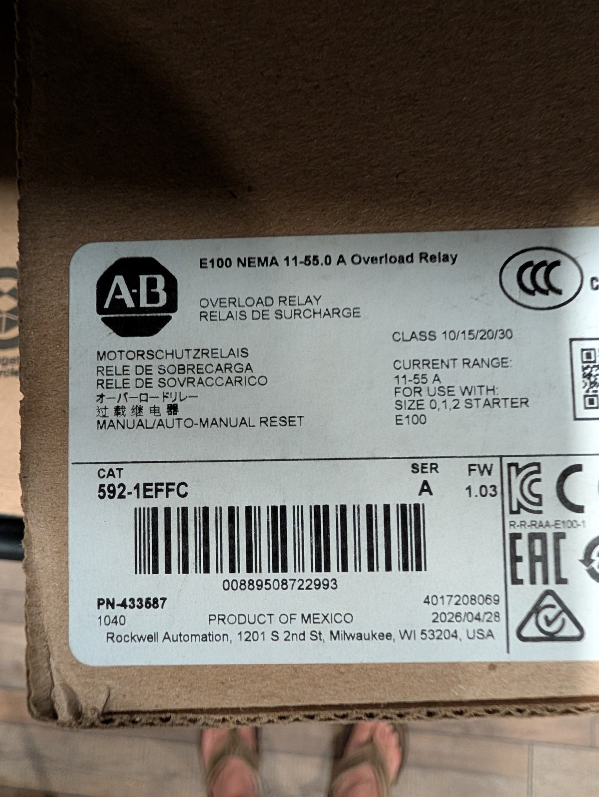 Brand New – Allen Bradley 592-1EFFC Overload Relay 11-55A 12AWG 600V 50/60Hz