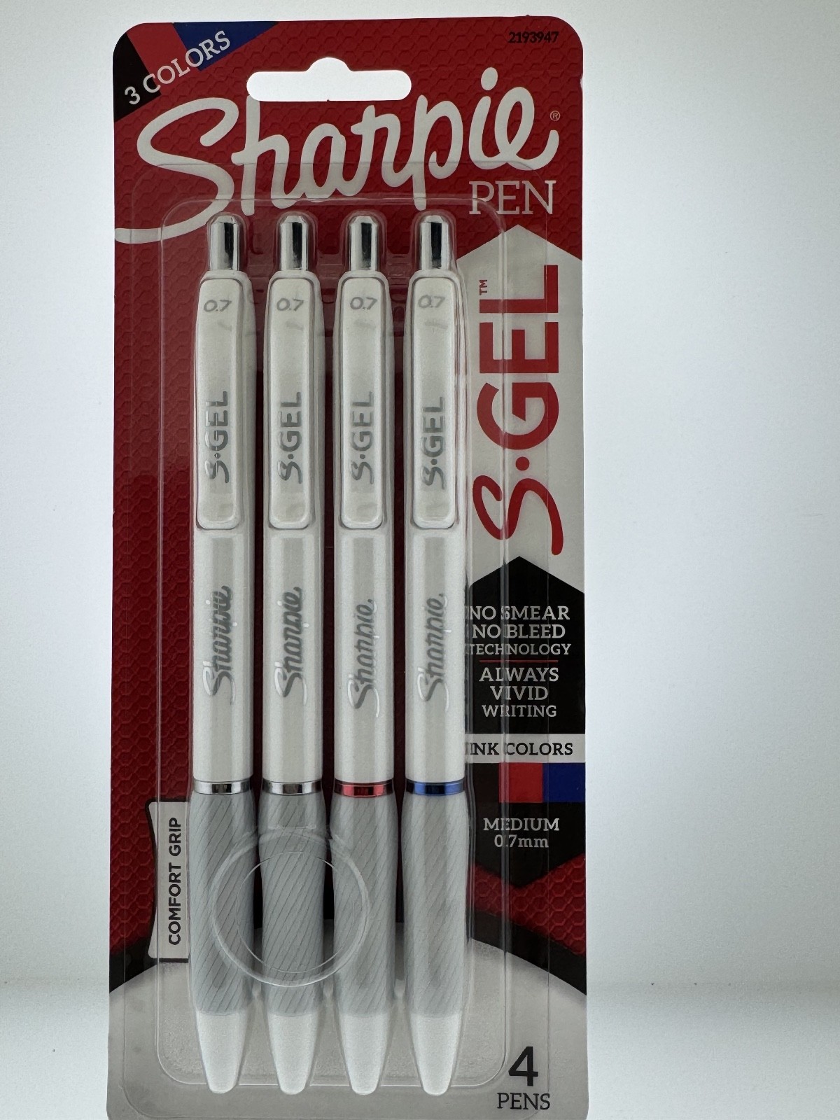 Sharpie Pen 4 Pack WHITE BARREL Black RED BLUE Ink S-gel Medium 0.7mm 2193947