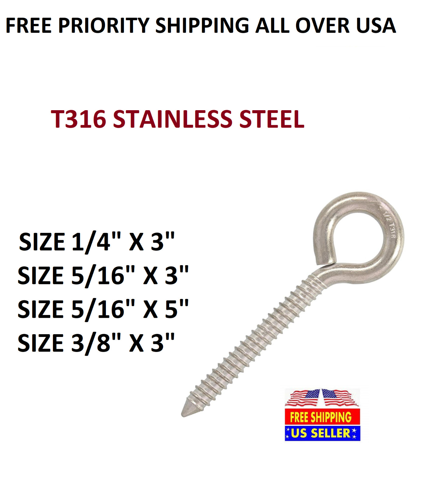T316 Grade Stainless Steel Lag Screw Eye Bolt 1/4″x3″,5/16″x3″,5/16″x5″,3/8″x3″