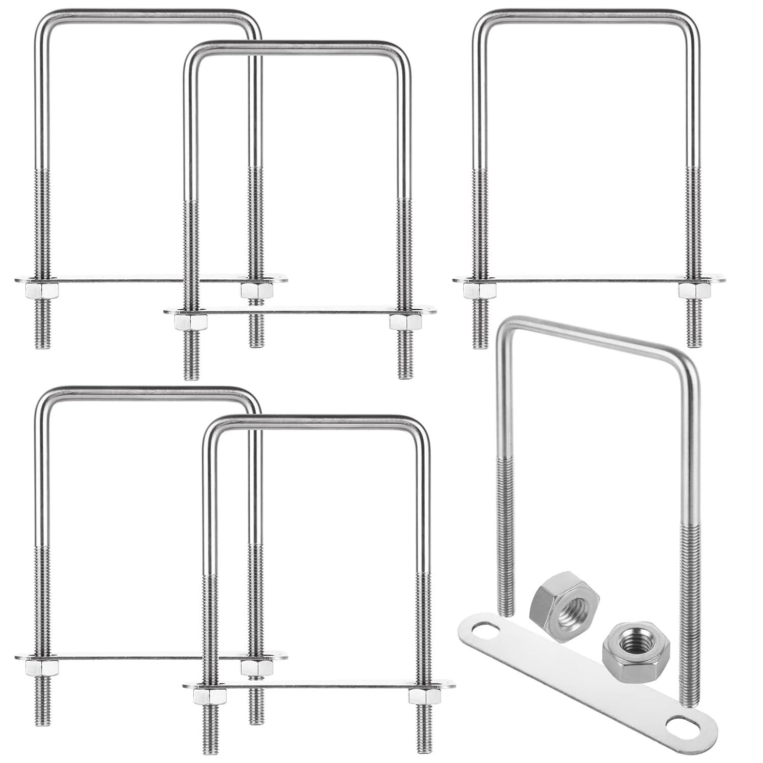 6 Pack Square U-Bolts 3/8″ X 4″ X 7″ Inner Width, 304 Stainless Steel U Bolts wi