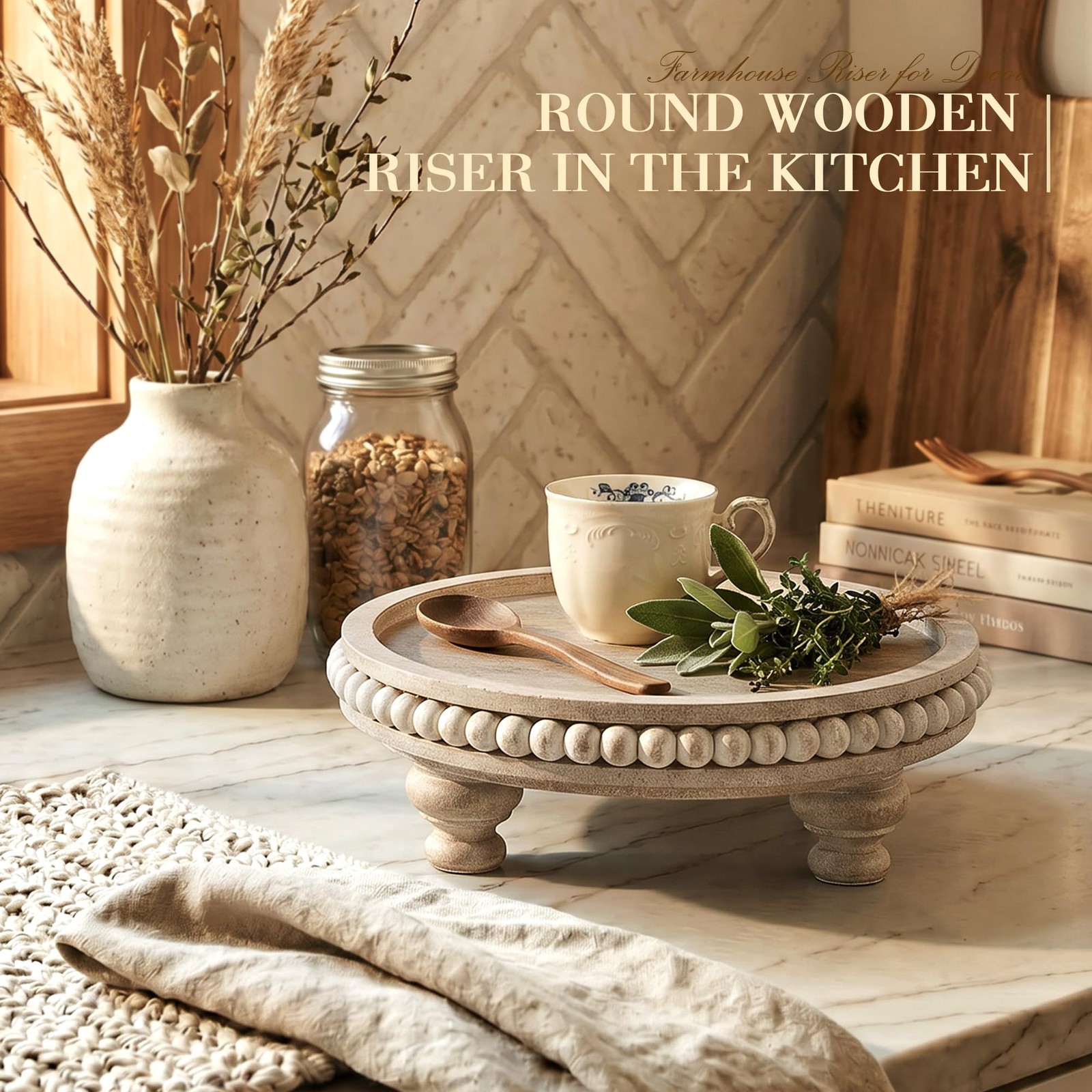 Beaded Wood Riser, Pedestal Stand for Kitchen Decor, Light Natural