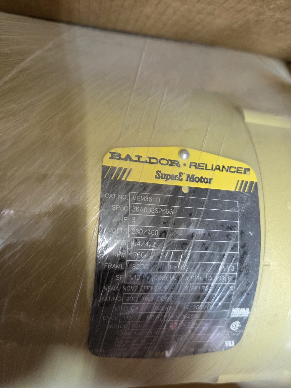 Baldor Super E 3 HP Electric Motor 3-Phase VEM3611T NEW